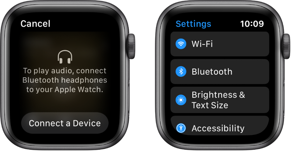 Jei „Apple Watch“ nustatysite kaip garso šaltinį prieš susiedami „Bluetooth“ ausines arba garsiakalbius, apatinėje ekrano dalyje bus rodomas mygtukas „Connect a Device“, kurį pasirinkus atidaromi „Apple Watch“ pateikti „Bluetooth“ nustatymai ir galima įtraukti klausymosi įrenginį.