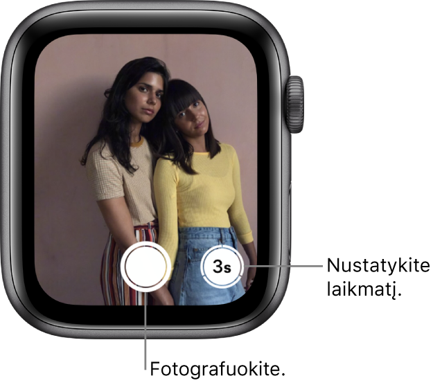 Kai „Apple Watch“ naudojamas kaip nuotolinis fotoaparato valdymo pultas, jo ekrane rodomas „iPhone“ fotoaparato rodinys. Fotografavimo mygtukas pateiktas apačioje centre, o fotografavimo nustačius laikmatį mygtukas pateiktas apačioje dešinėje. Užfiksavus nuotrauką, apačioje kairėje pateikiamas nuotraukų žiūryklės mygtukas.