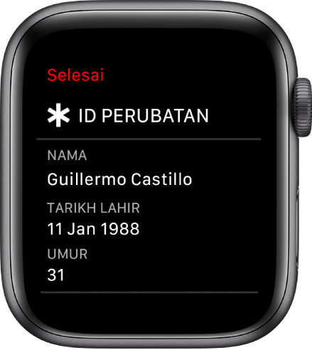 Skrin ID Perubatan menunjukkan nama, tarikh lahir dan umur pengguna.
