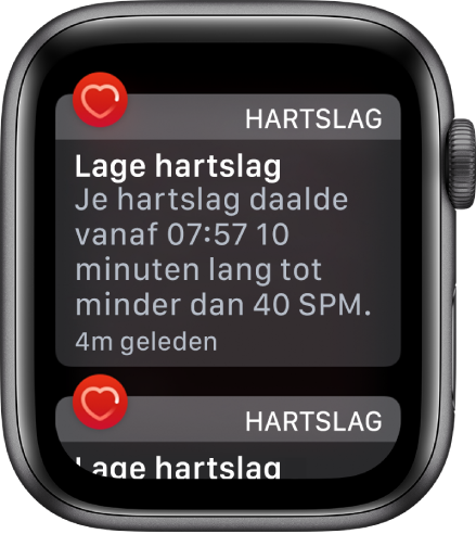 Het scherm 'Hartslagwaarschuwing' met de melding dat er een lage hartslag is gedetecteerd.