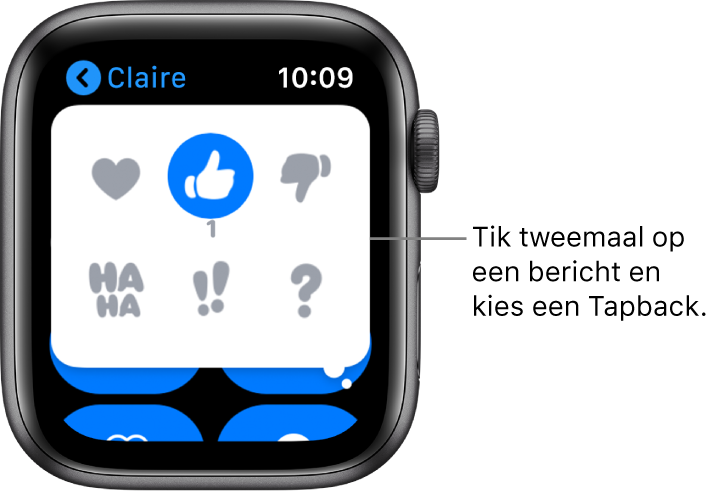 Een gesprek in Berichten met Tapback-opties: hartje, duim omhoog, duim omlaag, Ha Ha, !! en ?.