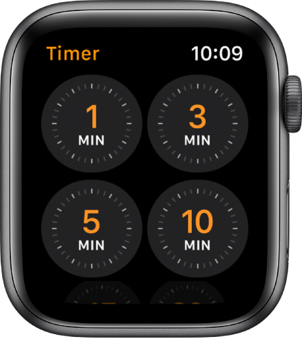 Het scherm van de Timer-app, met timers voor 1, 3, 5 en 10 minuten.