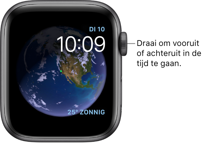 De wijzerplaat Astronomie toont de dag, de datum en de actuele tijd. Rechtsonderin bevindt zich een Weer-complicatie. Draai de Digital Crown om vooruit of achteruit in de tijd te gaan.