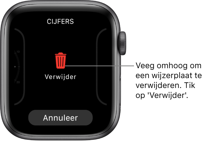 Het Apple Watch-scherm met de knoppen 'Verwijder' en 'Annuleer', die verschijnen nadat je naar een wijzerplaat hebt geveegd en de wijzerplaat omhoog hebt geveegd om de wijzerplaat te verwijderen.