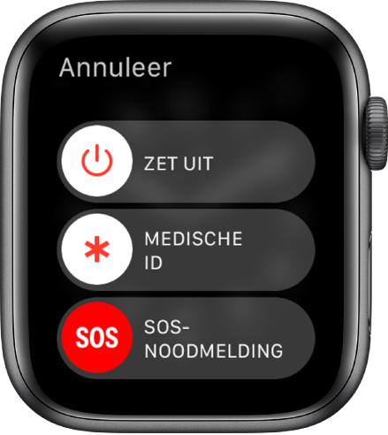 Het scherm van de Apple Watch met drie schuifknoppen: 'Zet uit', 'Medische ID' en 'SOS-noodmelding'. Sleep de schuifknop 'Zet uit' om de Apple Watch uit te schakelen.