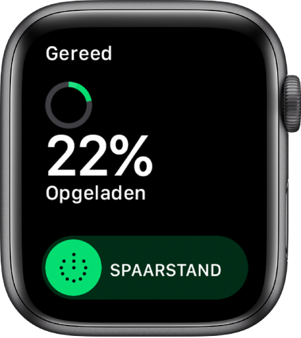Het Spaarstand-scherm met linksboven de knop 'Gereed', het resterende batterijpercentage en de schuifknop voor de spaarstand.
