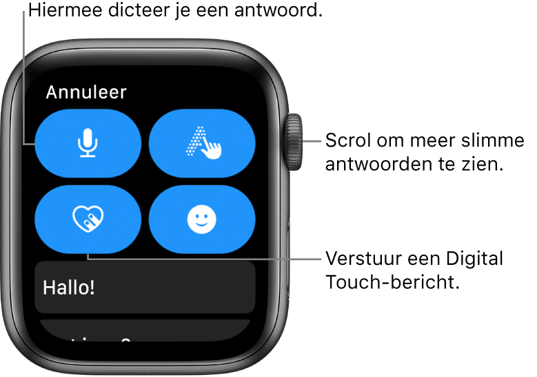 Het scherm voor het beantwoorden van een bericht, met de dicteerknop, de schrijfknop, de Digital Touch-knop en de emojiknop. Daaronder staan slimme antwoorden. Draai de Digital Crown om meer slimme antwoorden weer te geven.