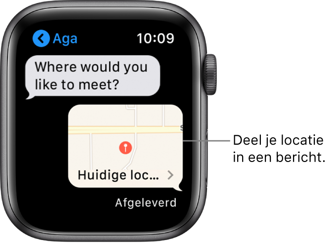 Berichten-scherm met een kaart waarop te zien is waar de afzender zich bevindt.