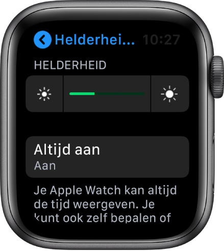 De knop 'Altijd aan' in het scherm 'Helderheid en tekstgrootte' op de Apple Watch.