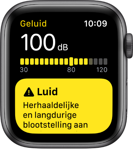 Een Geluid-scherm met een decibelniveau van 100 dB. Eronder staat een waarschuwing.