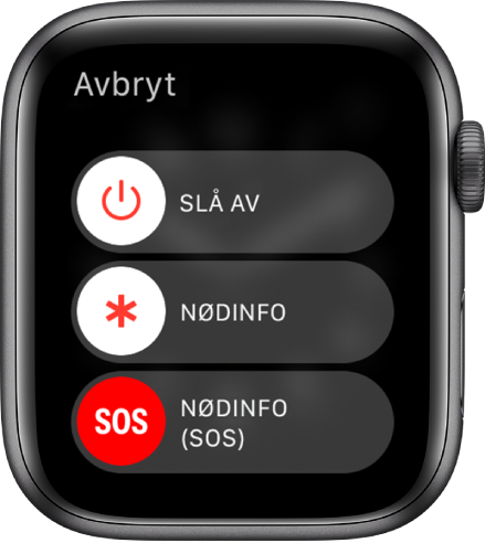 Apple Watch-skjermen med tre skyveknapper: Slå av, Nødinfo og Nødanrop (SOS). Dra Slå av-skyveknappen for å slå av Apple Watch.