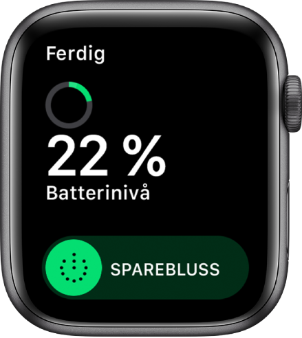 Sparebluss-skjermen, som viser Ferdig-knappen oppe til venstre, batteristatus og Sparebluss-skyveknappen.