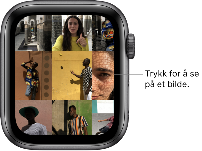 Hovedskjermen i Bilder-appen på Apple Watch, med flere bilder i et rutenett.