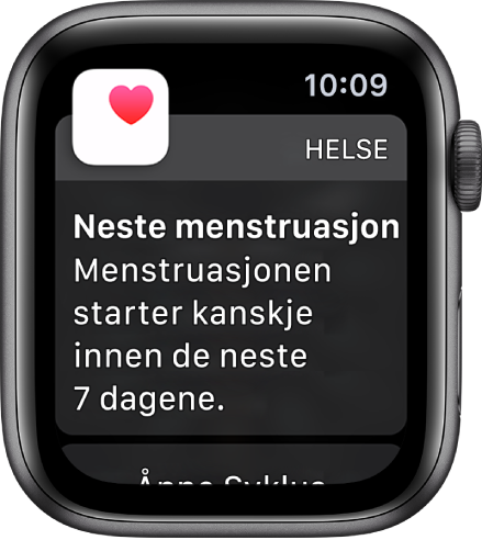 Apple Watch som viser en anslått syklus-skjerm der det står «Neste menstruasjon. Menstruasjonen starter kanskje innen de neste 7 dagene.» En Åpne Syklus-knapp vises nederst.