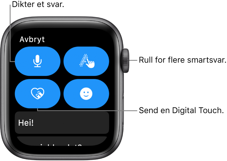 Svarskjermen, Dikter-, Skrible-, Digital Touch- og Emoji-knappene. Smarte svar er nedenfor. Skru på Digital Crown for å se flere smartsvar.