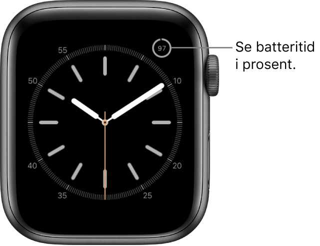 Urskive som viser batteriprosentfunksjonen øverst i høyre hjørne.
