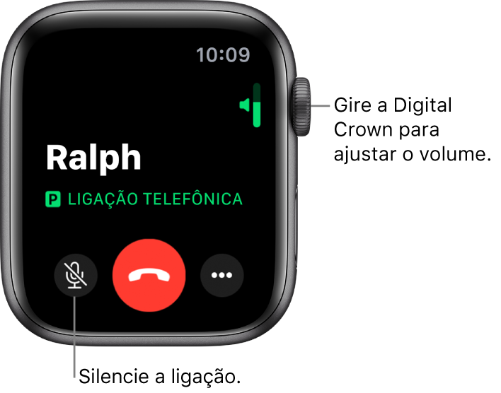 Durante uma ligação recebida, a tela mostra o indicador de volume horizontal no canto superior direito, o botão Mudo no canto inferior esquerdo, o botão vermelho Recusar e o botão Mais Opções.