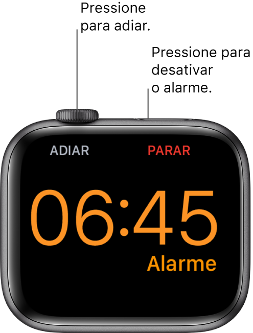 Apple Watch posicionado de lado, com a tela mostrando um alarme acionado. Abaixo da Digital Crown, lê-se “Adiar”. A palavra “Parar” aparece abaixo do botão lateral.