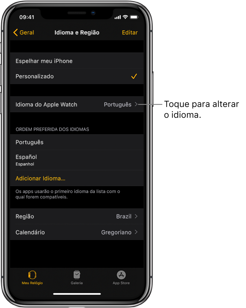 Tela de Idioma e Região no app Apple Watch, com os ajustes de Idioma do Apple Watch próximos à parte superior.