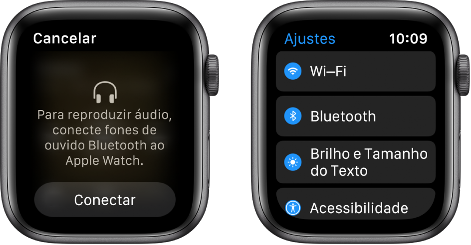 Se você alternar a origem do áudio para o Apple Watch antes de emparelhar fones de ouvido ou alto-falantes Bluetooth, o botão Conectar aparece na parte inferior da tela. Ele leva você aos ajustes de Bluetooth no Apple Watch, onde é possível adicionar um dispositivo de audição.