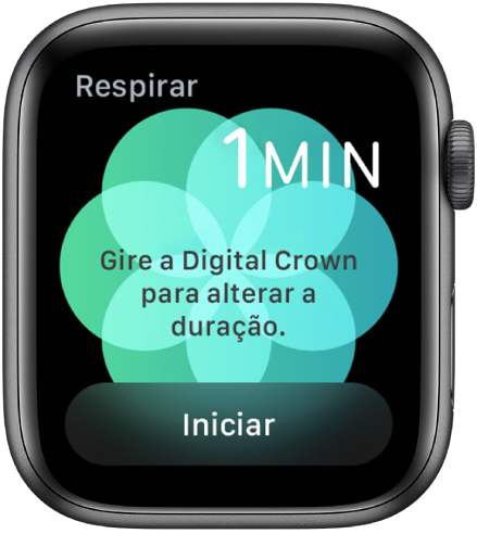 Tela do app Respirar, mostrando a duração de um minuto na parte superior direita e o botão Iniciar na parte inferior.