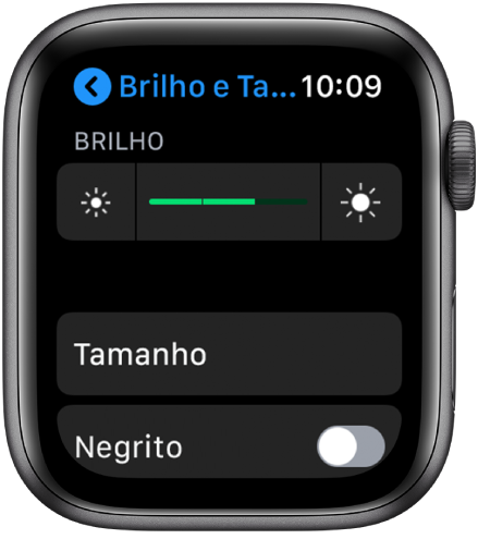 Ajustes de brilho do Apple Watch, com o controle deslizante de Brilho na parte superior, o botão Tamanho do Texto abaixo e o controle Negrito na parte inferior.