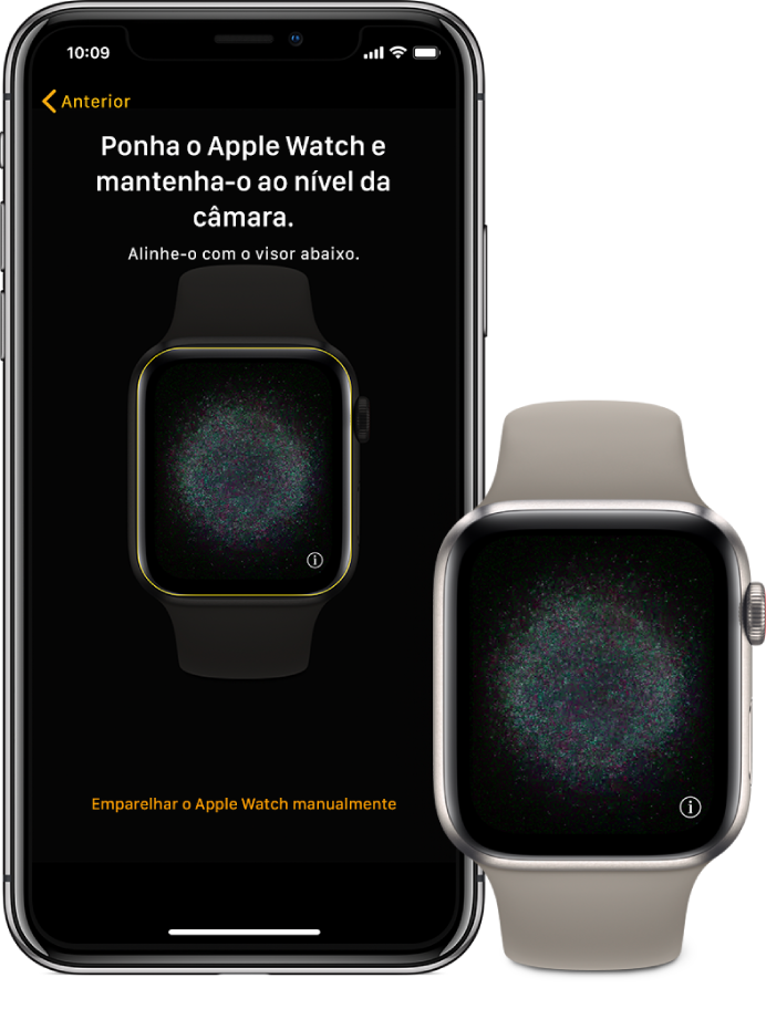 Um iPhone e um Apple Watch a mostrarem os respetivos ecrãs emparelhados.