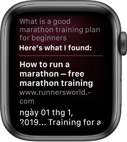 Siri đang trả lời câu hỏi: “What is a good marathon training plan for beginners” với một câu trả lời từ.