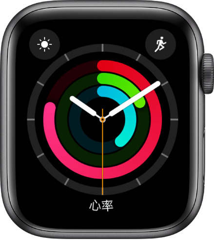 “健身记录指针”表盘显示时间和“活动”、“锻炼”与“站立”目标进度。还有三个复杂功能:天气状况(左上方)、体能训练(右上方)和心率(底部)。