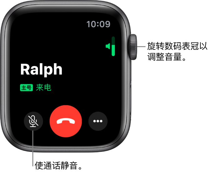 在来电期间,屏幕的右上方显示水平的音量指示条,左下方显示“静音”按钮、红色的“拒绝”按钮和“更多选项”按钮。