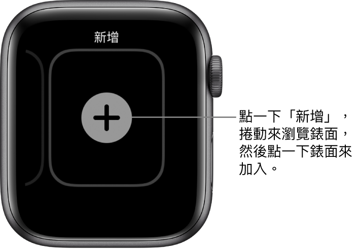 新的錶面畫面,中央帶有加號按鈕。點一下來加入新錶面。
