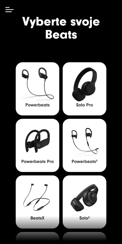 Aplikace Beats s obrazovkou „Vyberte svoje Beats“