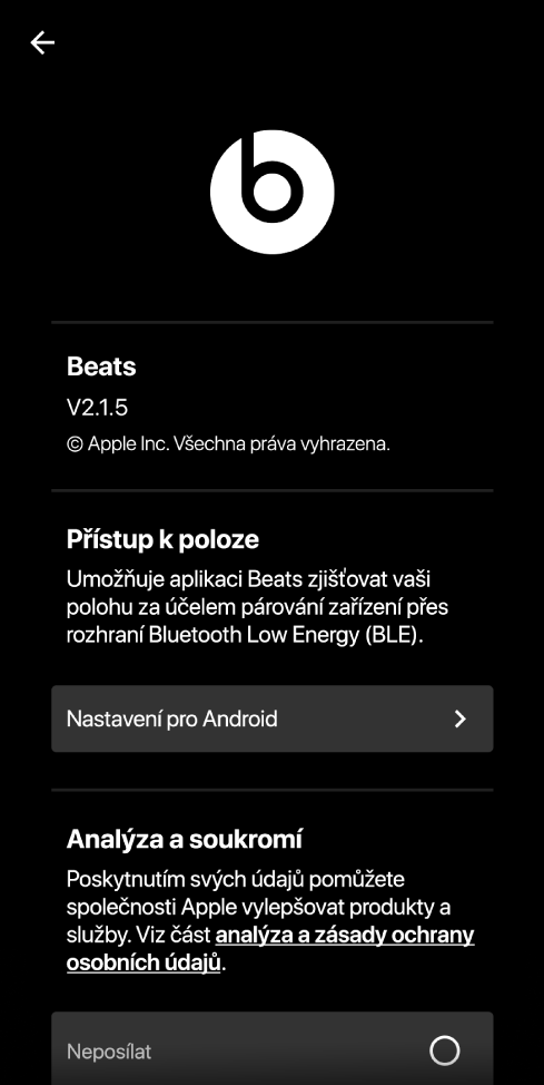 Nastavení aplikace Beats s verzí aplikace Beats, nastavením přístupu k poloze a volbami analýzy a soukromí