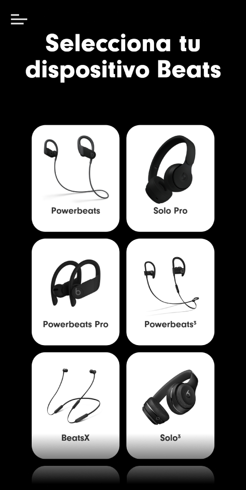Pantalla “Selecciona tu dispositivo Beats” donde se muestran los dispositivos compatibles