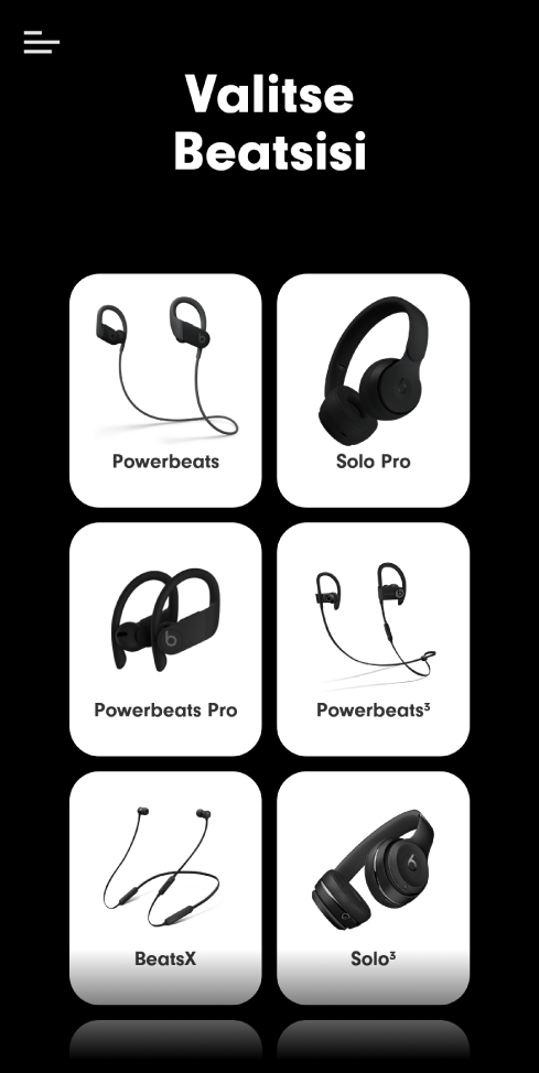 Valitse Beats-laite -näyttö, jossa näkyvät tuetut laitteet