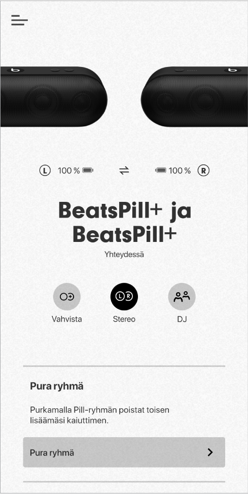 Beats-sovelluksen näyttö Stereo-tilassa