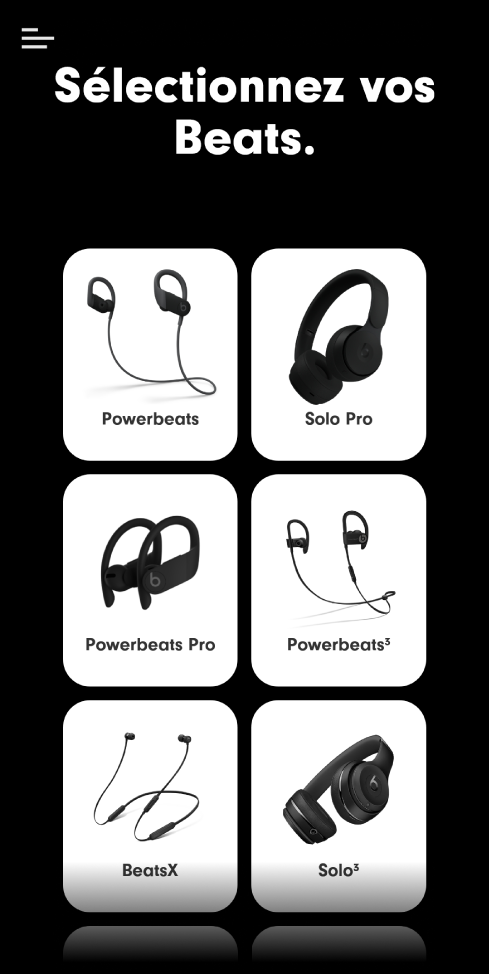 Écran « Sélectionnez vos Beats » qui affiche les appareils compatibles