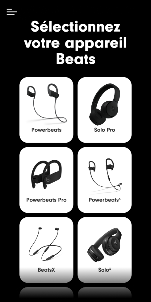 L’écran « Sélectionnez votre appareil Beats » avec les appareils pris en charge