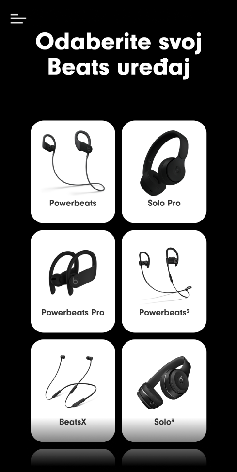 Aplikacija Beats prikazuje zaslon Odaberite svoj Beats