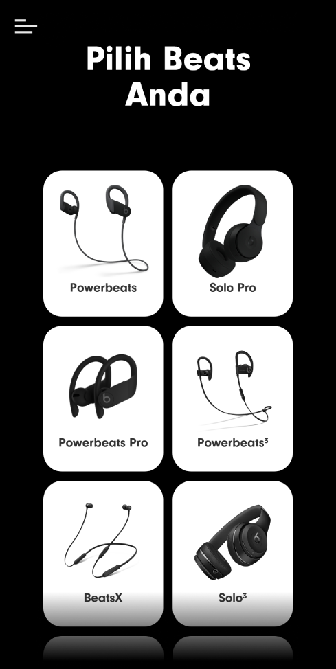 App Beats menampilkan layar Pilih Beats Anda
