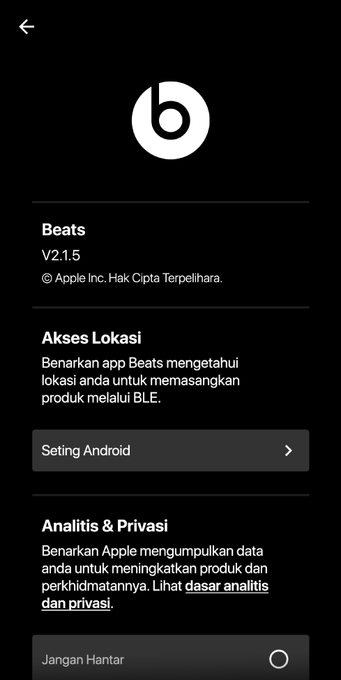 Seting app Beats menunjukkan versi app Beats, seting Akses Lokasi, serta seting Analitis dan Privasi