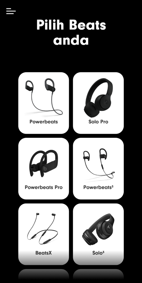 App Beats menunjukkan skrin Pilih Beats Anda