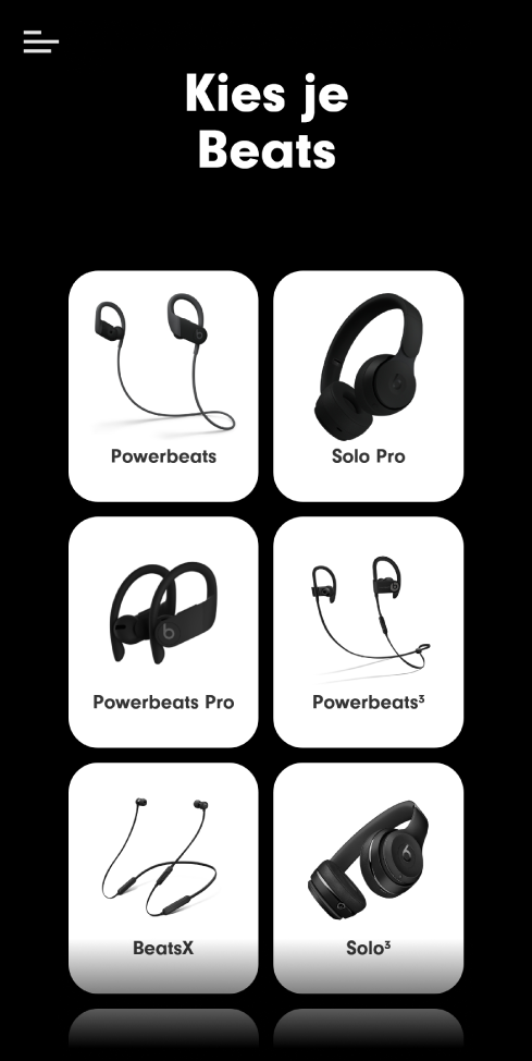 Het scherm 'Kies je Beats' met ondersteunde apparaten