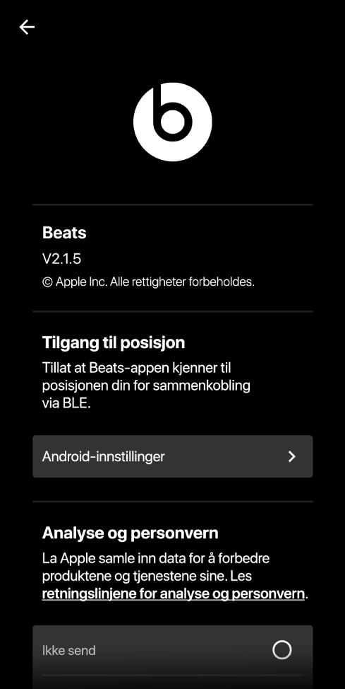 Beats-appinnstillinger som viser Beats-appversjon, innstillinger for tilgang til posisjon og innstillinger for analyse og personvern