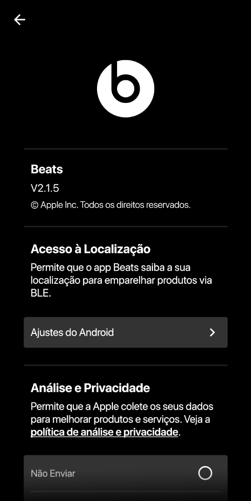 Ajustes do app Beats mostrando a versão do app Beats, ajustes de Acesso à Localização, e ajustes de Análise e Privacidade