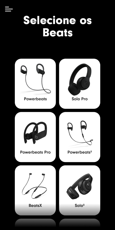 Ecrã “Selecione os Beats” a mostrar os dispositivos compatíveis