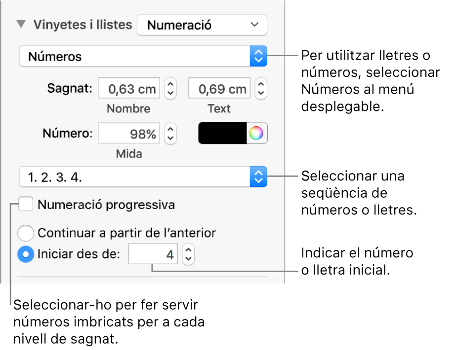 Controls per canviar l’estil dels números i l’espaiat d’una llista.