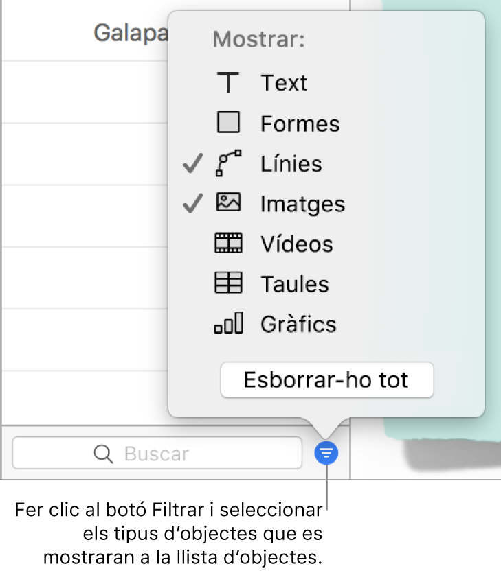 Menú desplegable Filtre obert, amb una llista dels tipus d’objecte que pot incloure la llista (text, formes, línies, imatges, vídeos, taules i gràfics).