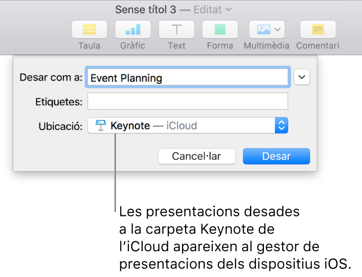 Diàleg Desar d’una presentació amb el Keynote (l’iCloud al menú desplegable Ubicació).