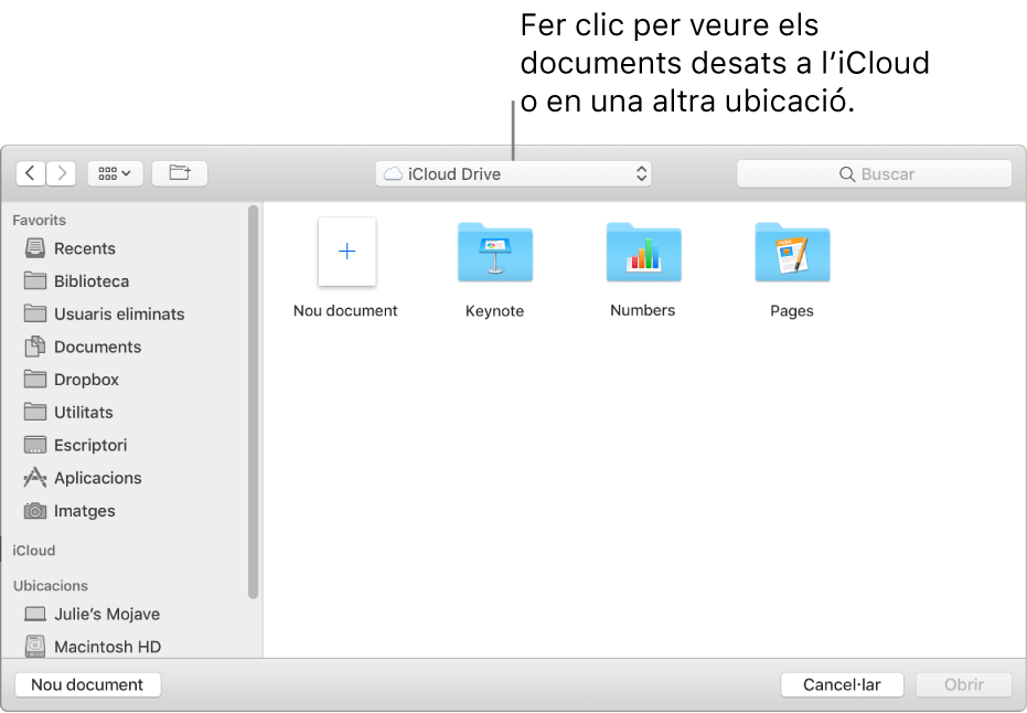 El quadre de diàleg Obrir, amb la barra lateral oberta a l’esquerra i l’iCloud Drive seleccionat al menú desplegable de la part superior. Les carpetes del Keynote, el Numbers i el Pages apareixen al quadre de diàleg juntament amb el botó “Nou document”.